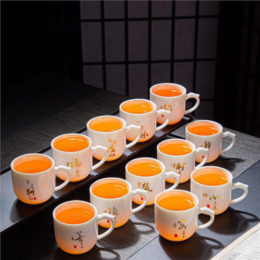 Mutton-fat jade white porcelain Kung Fu tea cup set for home and office tea drinking, master cup and tea cup, a complete set of anti-scalding tea cups, mutton-fat jade side handle cups (12 pieces mixed)