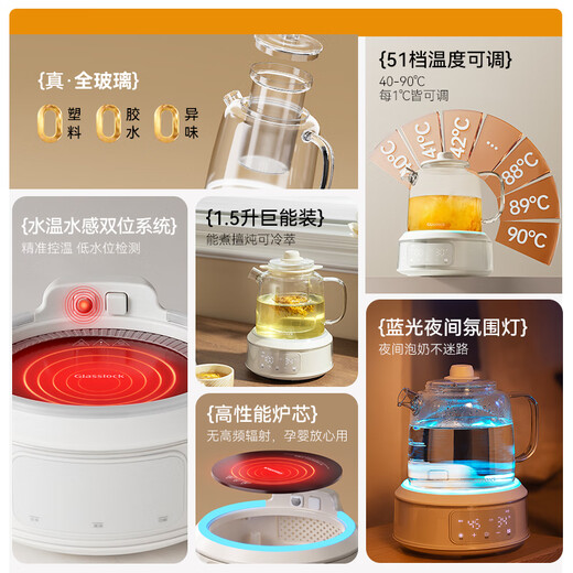 GLASSLOCK Gaelang health pot all-glass constant temperature maternal and infant grade 0 glue 0 plastic contact milk regulator milk kettle office boiling teapot decoction Chinese medicine kettle 1.5L government subsidy