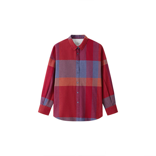 MUJI Women's Flannel Shirt Collar Wide Long Sleeve Shirt Women's Plaid Shirt Jacket Fall 25 BC2BCC5A Red Plaid L (165/88A)