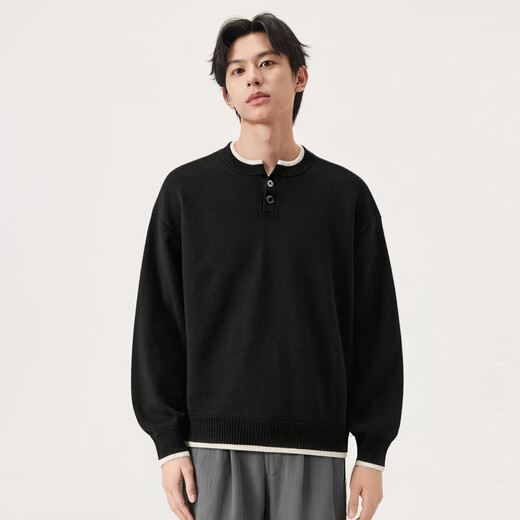Gxg.jeans men's multi-color fake two-piece loose basic henley collar sweater for men 25 autumn new arrival black pre-sale after November 25th L (175)