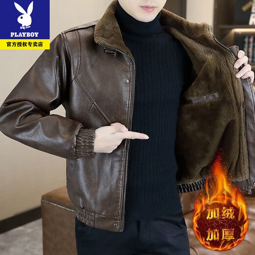 Playboy Leather Jacket Men's 2025 Autumn and Winter New Leather Jacket Thickened and Velvet Korean Version Versatile Youth Fur Integrated HM2318f115 Coffee Velvet Thickened XL Recommended 110-125Jin Jin is equal to about 0.5 kg