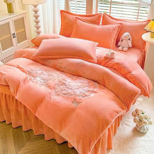 Mercury series home textiles winter plus velvet and thickened milk velvet four-piece set 2024 new double-sided velvet embroidered quilt cover coral velvet bed sheet bloom--Emma Orange bed sheet style 1.5-2.0M four-piece set