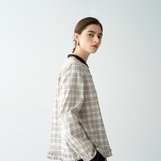 EIN PURE retro college style pattern contrast material stand collar fungus hem long-sleeved shirt 2025 autumn new style off-white M