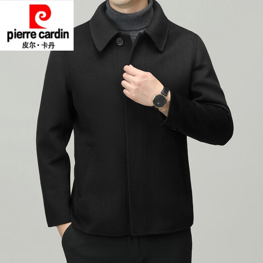 Pierre Cardin high-end 100% wool jacket coat men's lapel autumn and winter new goose down lining thickened double-sided woolen coat black removable goose down lining 2XL 185