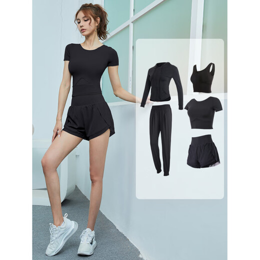 Forquee sports suit women's new summer gym morning running equipment breathable Pilates training yoga clothing black three-piece set TC59302 S