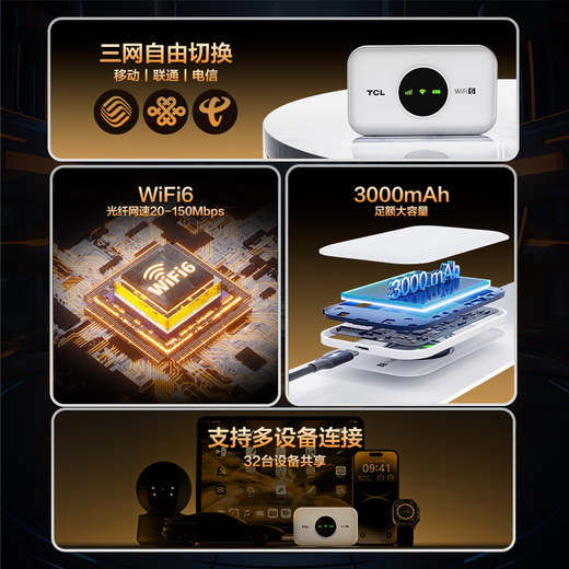 TCL随身wifi三网通用免插卡无线wifi6车载4G路由器随身便携无限制移动联通电信全国通用2025款5GXY15B 【升级充电款】3000毫安大电池超长续航24小时 不限速不虚标月享1500G流量