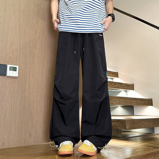 Dingfengbaoluo American high street trousers men's autumn pleated casual loose wide-leg work trousers VK01 black M