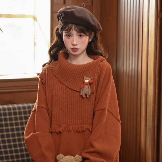 Mori Girl Tribe Lazy Style Autumn and Winter Cute Bear Design Sweater Women's 2025 New Loose Pullover Sweater Caramel Brown S Model Size