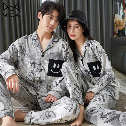 MiiOW spring and autumn cardigan lapel couple pajamas for men and women pure cotton long-sleeved trousers loose casual can be worn outside home clothes suit AM female 34843 male 34844 XL female