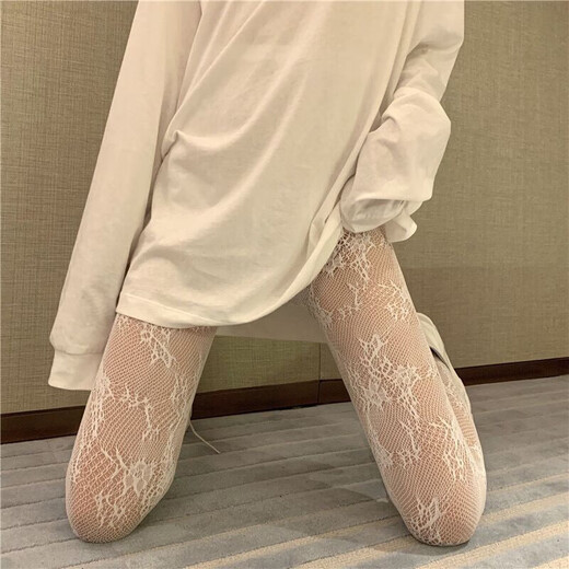Lace fishnet stockings white stockings women's thin lolita ultra-thin jk stockings pantyhose large size white silk Japanese one-piece lace fishnet stockings flower vine white 1 piece one size fits all