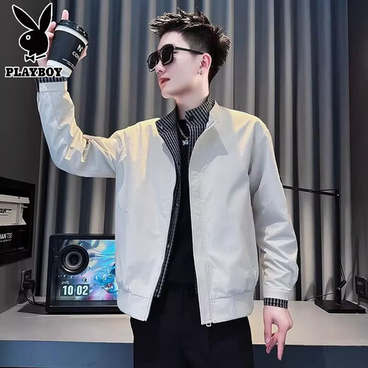 Playboy spring and autumn vacation two-piece jacket men's stand-up collar clothes 2025 new autumn and winter plus velvet men's high-end jacket trendy coffee color 8157-fake two-piece jacket high quality L