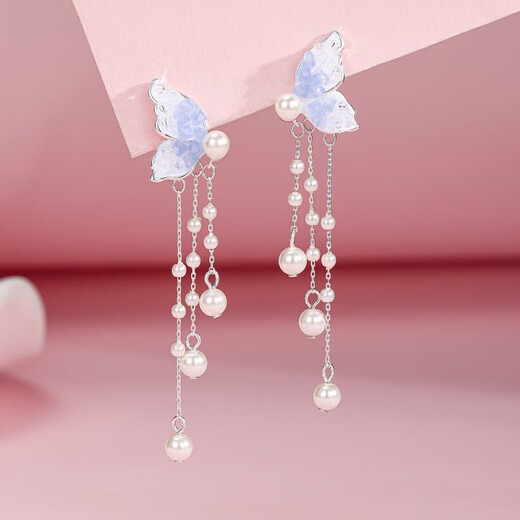 NSYCA Old Phoenix sterling silver 9999 silver needle blue butterfly earrings new pearl tassel earrings suitable for round faces 2389 blue butterfly tassel Lao Fengxiang same style