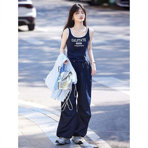 Awakening Paradise Casual Versatile Loose Workwear Top Hooded Jacket Letter Vest Drawstring Pants Three-piece Commuting Suit Blue XL