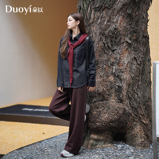 朵以（Duoyi）2025冬季新款复古休闲慵懒撞色披肩深蓝色翻领宽松衬衫女 牛仔蓝 S