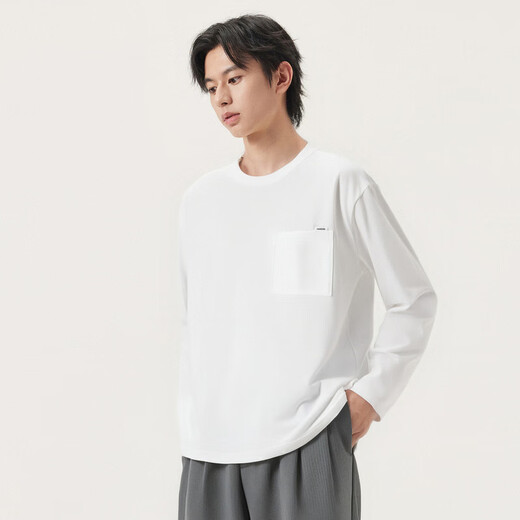Gxgjeans men's wear thick brushed pocket design loose round neck long sleeve T-shirt for men 25 autumn and winter hot sale white spring and autumn style L (175)