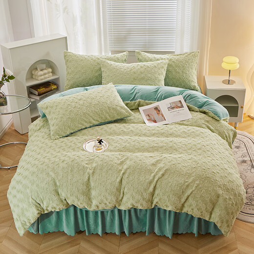 Mengjie Home Textiles 2025 New Thickened Rabbit Plush Sheets Four-piece Set Milk Velvet Baby Velvet Rabbit Velvet Cut Flower Solid Color Rosehip Green Sheets 1.5m Four-piece Set