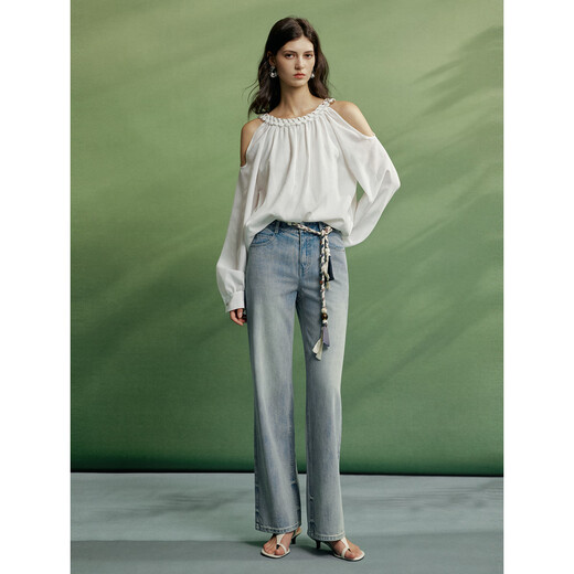 ELLE【漂浮月光】ELLE白色露肩小众设计感小衫女2026春季新款气质衬衫 白色 M