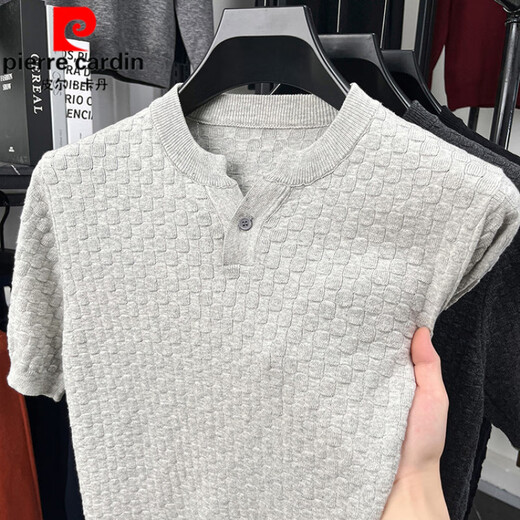 Pierre Cardin Textured Twist Striped Sweater Men's Light Mature Henley Collar Knitted Short-Sleeved T-Shirt Men's 2025 Autumn Casual T-shirt Oatmeal Gray XL