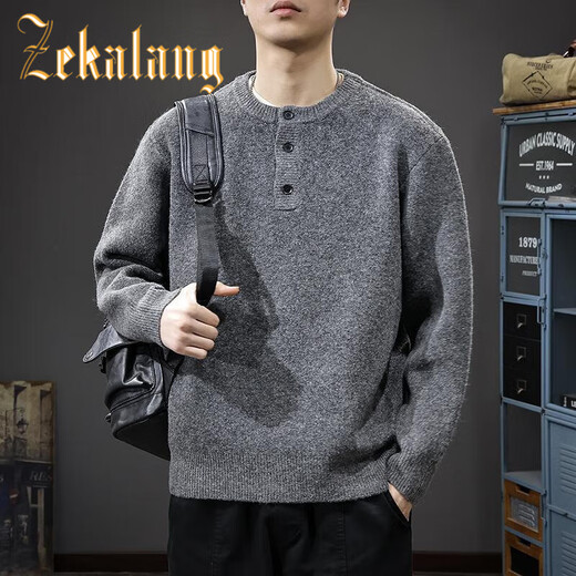 ZEKALANG American trendy brand retro wool blended men's sweater winter new thickened warm Henry collar casual sweater Khaki L _Suitable for 135-150Jin Jin equals 0.5 kg