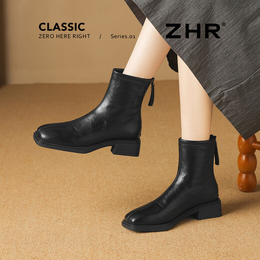 ZHR square toe short boots for women 2025 winter new style plus velvet style small short boots thin boots BL663A black 38