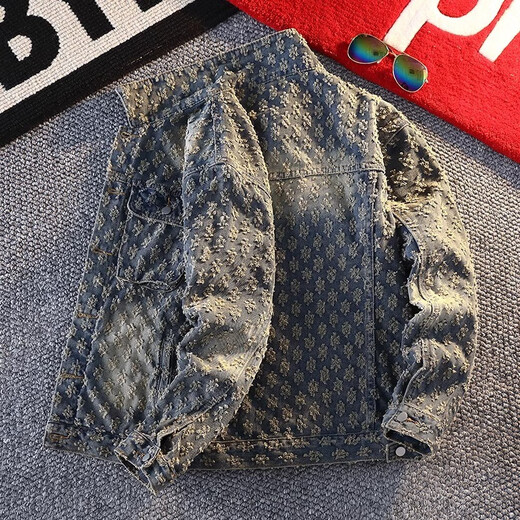 Kazuki Kuraishi KAZUKI KURAISHI American retro washed distressed jacquard high street denim jacket for men spring and autumn new fashion brand loose casual jacket for men yellow mud color XL 130-140Jin Jin equals 0.5 kg