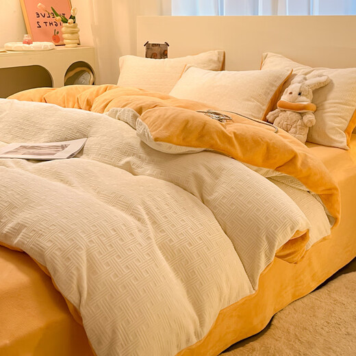 La Chapelle milk velvet four-piece set winter 2025 new flannel baby bed sheet quilt cover bedding woven pattern-white orange bed sheet style 1.5m four-piece set