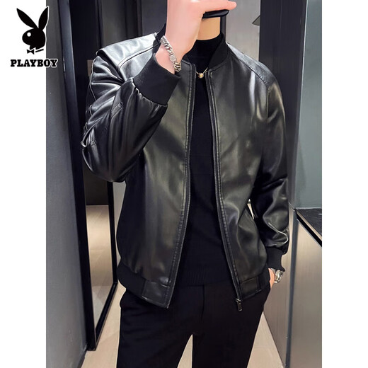 Playboy Baseball Collar Thickened Warm Leather Jacket Men's Slim Autumn and Winter Short Retro Youth and Middle-aged Leather Jacket Autumn and Winter Black Velvet Winter Velvet Thickened L Small