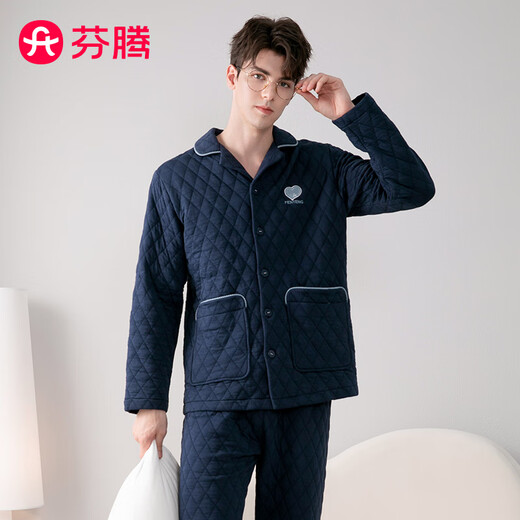 Fenton couple pajamas 7A antibacterial outer layer pure cotton 2025 autumn and winter new warm air sandwich home wear set can be worn outside Sapphire Blue - Men's L