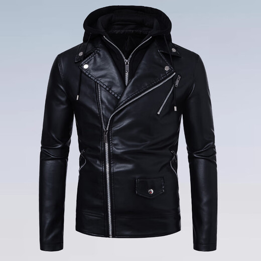 Fang Shaofeng fake two-piece spliced leather jacket men's hooded Harley motorcycle jacket 2025 spring and autumn workwear diagonal zipper pocket leather jacket black XL size 140-155Jin Jin is equal to 0.5 kg