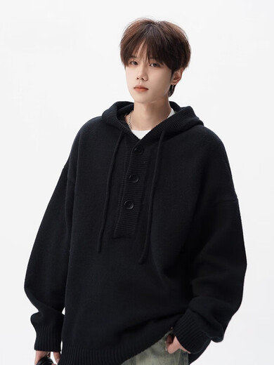 OEMG American heavyweight hooded sweater for men in autumn and winter trendy high-end knitted sweater button top lazy jacket gray XL recommended 110-130Jin Jin equals 0.5 kg