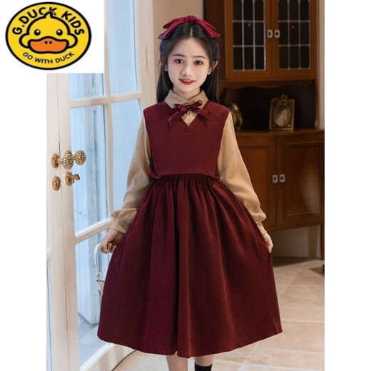 G.duck Little Yellow Duck Girls Dress Autumn 2025 New Medium and Big Children Red College Style Skirt Girls Spring and Autumn Style 59105-1 Maroon Red 110 cm