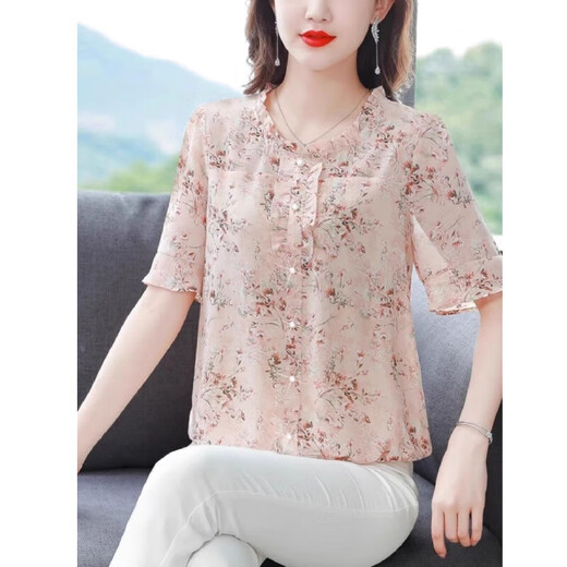New summer short-sleeved floral chiffon shirt for women, loose belly-covering top, fashionable mother's age-reducing shirt, pink 3XL, recommended 135-145 Jin Jin equals 0.5 kg