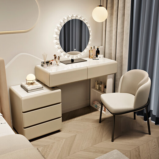 Gu Jialian solid wood cream style dressing table and drawer integrated bedroom 2025 new modern simple dressing table with light luxury feeling white-three drawer cabinet 80CM dressing table + cabinet + crystal mirror + round pier stool