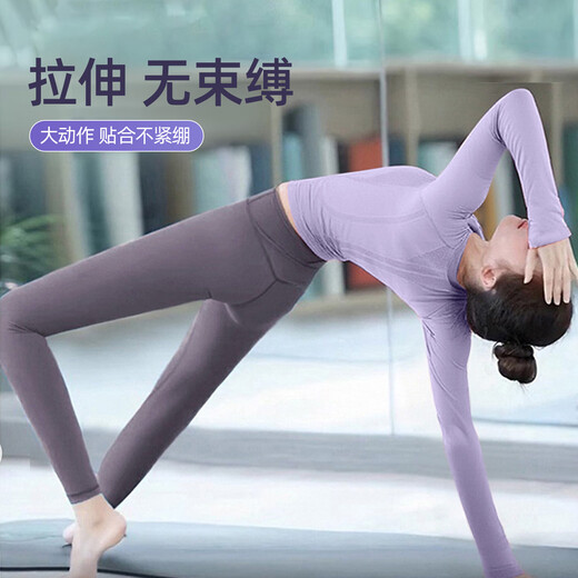 Double Show Small Waist Yoga Wear for Women Autumn and Winter Pilates Training Set Stunning One-piece Woven Sports Fitness Top Long Sleeve Purple Top XL 120-135