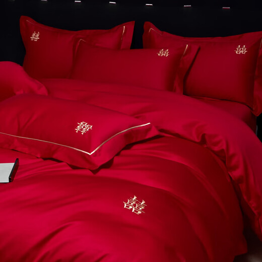 Mercury series home textiles high-end bright red wedding four-piece set wedding quilt cover pure cotton pure cotton sheets and fitted sheets bedding, the only 1.8 fitted sheet four-piece set quilt set 200*230
