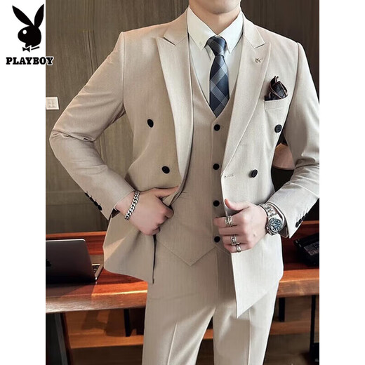 Playboy double-breasted suit suit men's plus size groom wedding dress three-piece youth business formal casual suit khaki suit + pants L (110-120Jin Jin equals 0.5 kg)