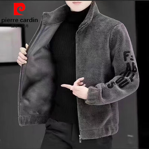 Pierre Cardin 2026 men's autumn and winter new imitation sherpa jacket men's stand collar trendy velvet thickened men's winter jacket GG09# gray single layer L 116-130Jin Jin equals 0.5 kg