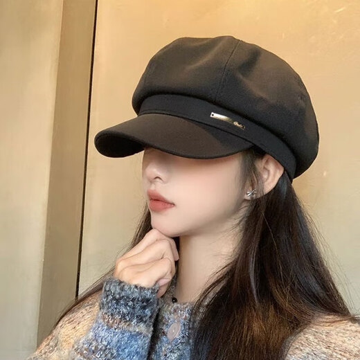Bo Na Ling beret women's autumn and winter octagonal hat versatile black big head circumference showing face small retro duck tongue newsboy hat metal label beret black