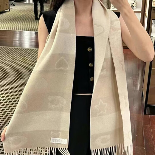 COACH Women's Scarf Tassel Decorated Star Letter Pattern Wool Wool Scarf New Year's Gift for Girlfriend Beige CU810-CHK 182*30.5cm