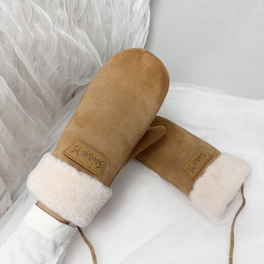 Baichao warm all-inclusive gloves, suede for women, winter plus velvet, windproof and warm, cute student halter neck cycling, random hair for children, one size fits all, thickened version with rope