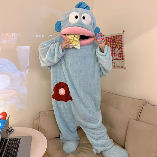 Langsha Ugly Fish Pajamas for Women Autumn and Winter Coral Velvet Couple One-piece Cartoon Funny Nightgown Men's Thickened Plus Size Nightgown A009 (No Shoes) XL