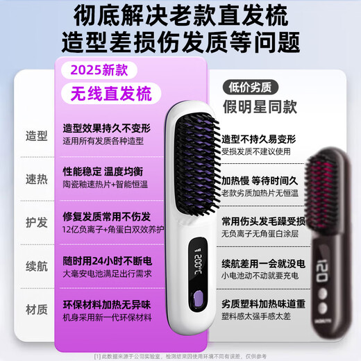 Jiabolan wireless hair straightening comb negative ion hair care does not damage hair wireless portable straightening and curling dual-use fluffy splint for men and women artifact high skull lasting styling Aurora black three-level adjustment丨LCD display丨1.2 billion moisturizing negative ions