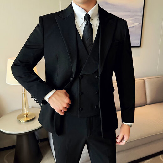 GOLDLION G+Goldlion High Quality Wool Suit Suit Men's Business Casual Formal Patch Collar Suit Groomsman Gift Black Suit+White Shirt+Vest+Pants Two Buttons XL