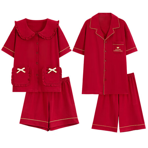 Pure cotton pajamas wedding newlyweds couple set red men's women's short-sleeved summer love couple's pajamas summer Z52012 couple XL male