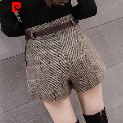 Pierre Cardin (Pierre Cardin) new autumn and winter high-waisted shorts women's woolen fashion belt versatile outer wear slim boots pants fashion plaid khaki 2XL 125Jin Jin equals 0.5 kg -135Jin Jin equals 0.5 kg
