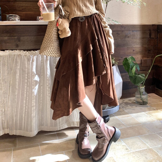 Skirt Winter Skirt Women's Maillard Coffee Color Thick New Drape A-Line Skirt Ruffles Irregular Puff Coffee Color One Size 80-150Jin Jin is equal to 0.5 kg