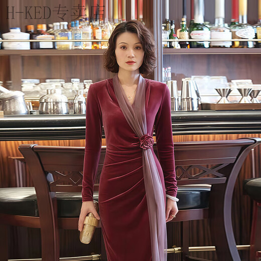 H-KED dress female banquet evening dress high-end slightly fat temperament French annual meeting host evening high-end exquisite dress taro purple dress L