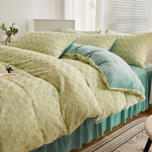 Mengjie Home Textiles 2025 New Thickened Rabbit Plush Sheets Four-piece Set Milk Velvet Baby Velvet Rabbit Velvet Cut Flower Solid Color Rosehip Green Sheets 1.5m Four-piece Set