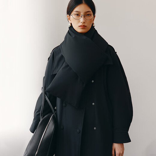 Ai Lai Song Jia same style goose down jacket for women 2025 fashion temperament windbreaker removable scarf long coat carbon black M