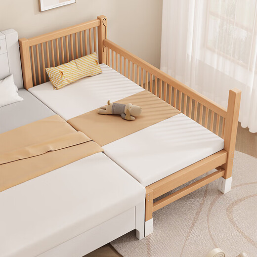 Qiuying liftable beech wood spliced bed crib widened spliced large bed children's bedside bed spliced bed with three side lifting 5cm mattress + 7A antibacterial cotton bedside can lift length 200 width 60 height 35 60 guardrails